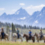 Four people on horses ride through a meadow with snow-capped mountains in the background under a clear blue sky. Horseback Adventures at Half Moon Lake Lodge