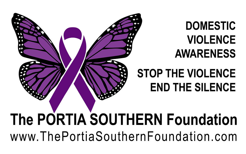 A purple awareness ribbon with purple butterfly wings on each side and the words The Portia Southern Foundation below in black lettering.