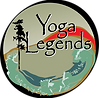 An ocean wave, a silhouette of a tall tree and a red mountain inside a black circle with 'Yoga Legends' in black lettering.
