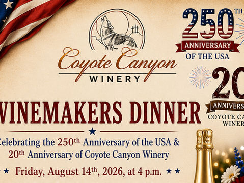 Coyote Canyon Winery Winemakers Dinner poster with champagne, BBQ, American flags, fireworks, and 250th USA/20th anniversary text