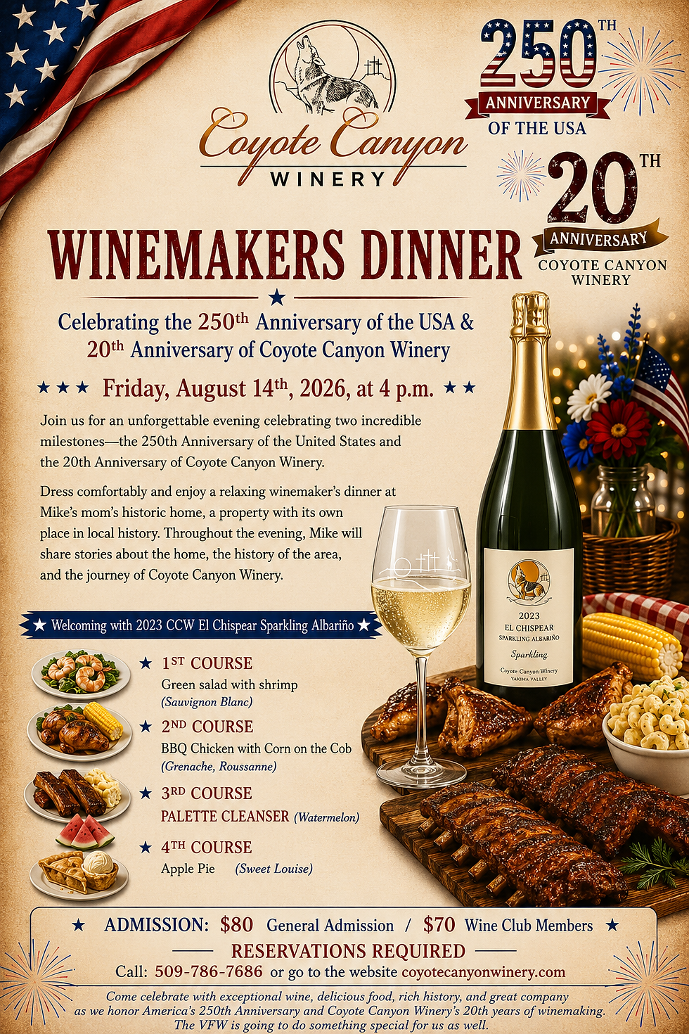 Coyote Canyon Winery Winemakers Dinner poster with champagne, BBQ, American flags, fireworks, and 250th USA/20th anniversary text