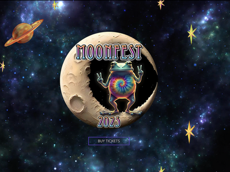Space-themed "Moonfest 2025" poster with a tie-dye frog on a moon. Stars and planet backdrop. Button reads "Buy Tickets."