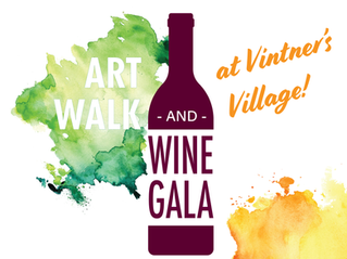 An abstract poster with a red wine bottle and splashes of green and yellow in the background with verbiage saying "Art Walk and Wine Gala at Vintner's Village.