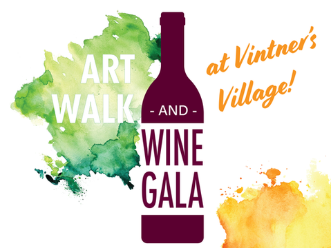 An abstract poster with a red wine bottle and splashes of green and yellow in the background with verbiage saying "Art Walk and Wine Gala at Vintner's Village.