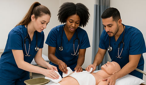 3 adult students wearing blue scrubs and stethoscopes practicing first aid on a CNA practice dummy. CNA traning courses through ReelCare Academy & Wellness.