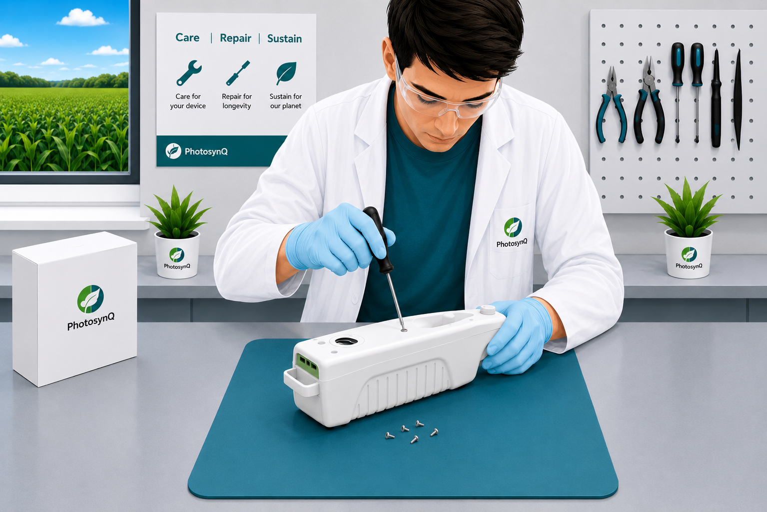 PhotosynQ technician inspecting a MultispeQ instrument for repair, firmware update, and recalibration diagnostic service