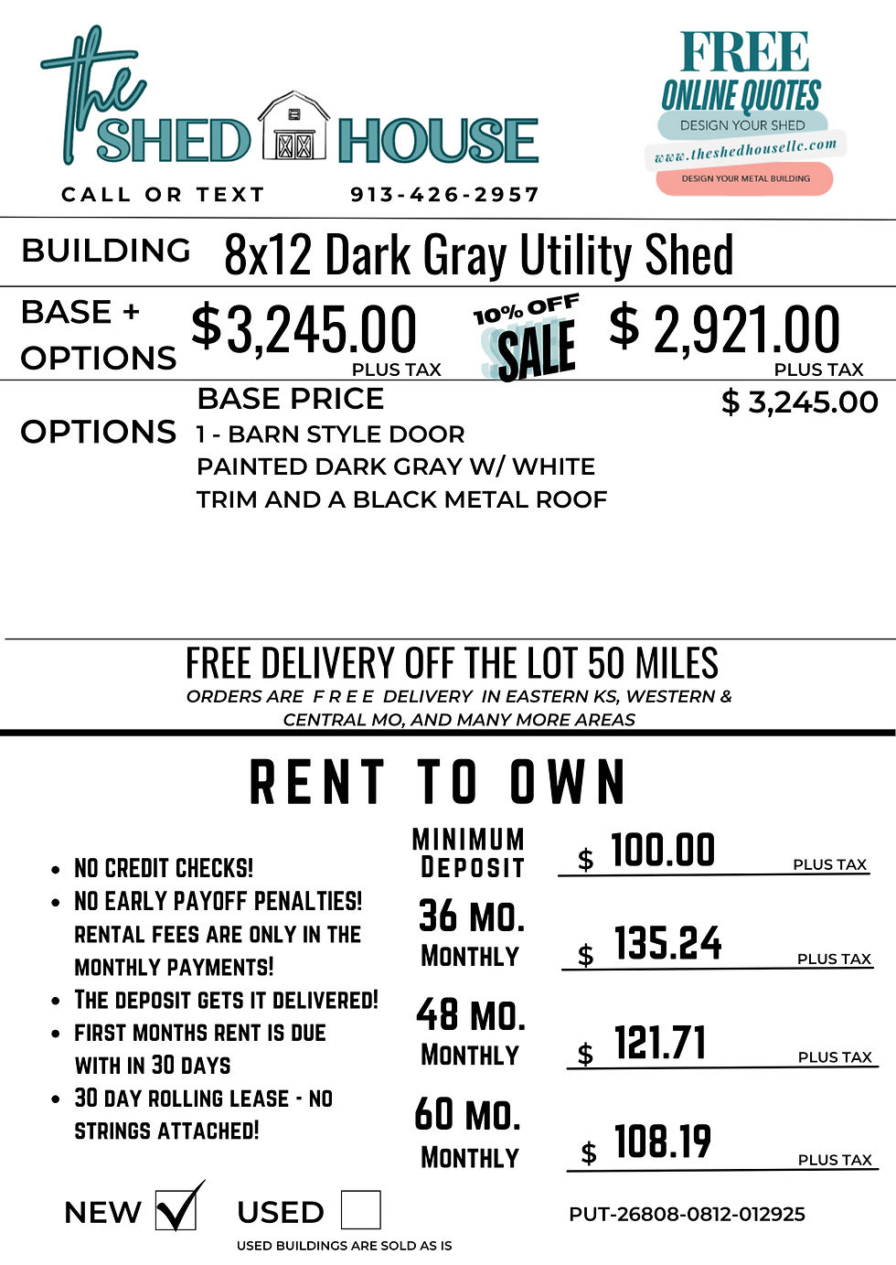 Thumbnail: Cheap and affordable rent to own options for an 8x12 utility shed available in Leavenworth Kansas.