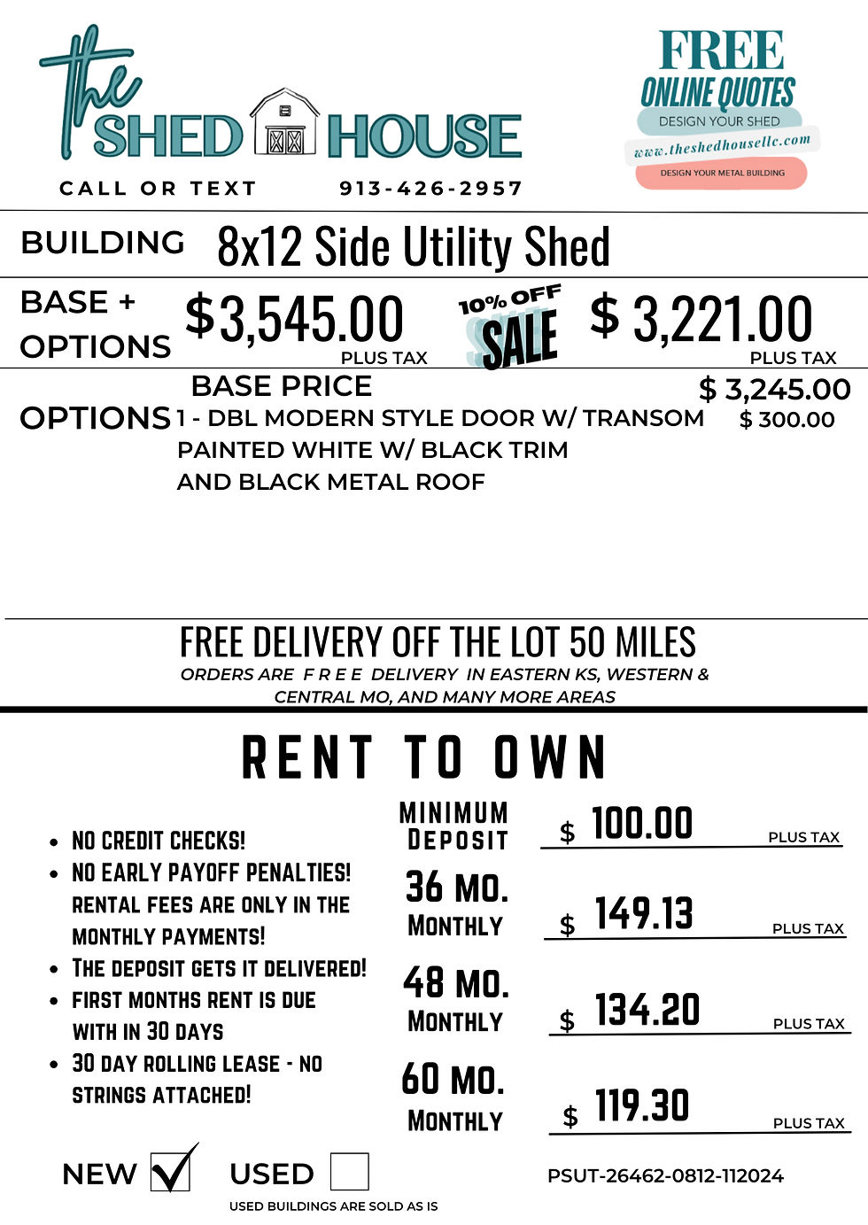 Thumbnail: Cheap and affordable rent to own options for an 8x12 side entry utility shed in Leavenworth Kansas