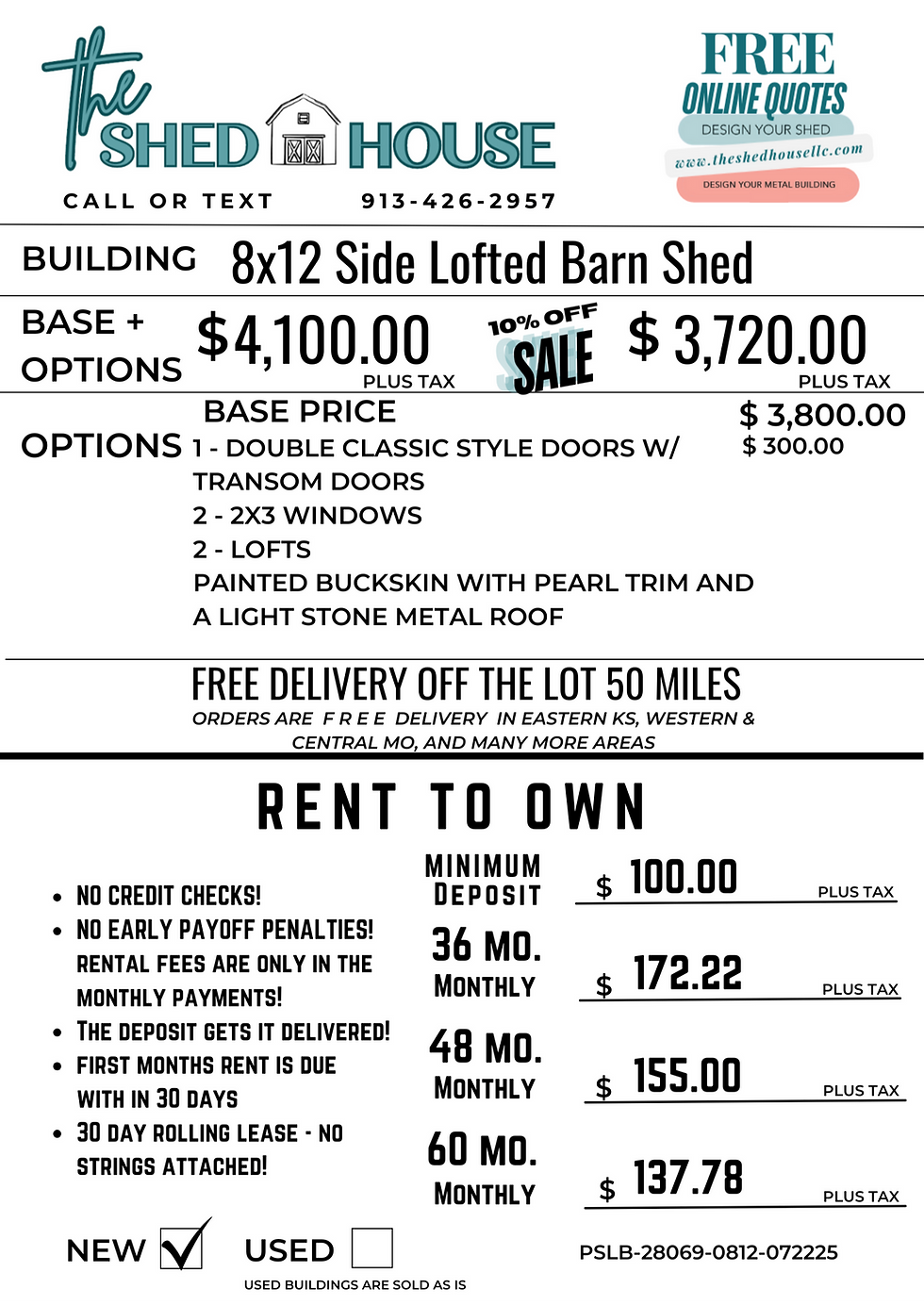 Thumbnail: Cheap and affordable rent to own options for an 8x12 side lofted barn available at The Shed House in Leavenworth Kansas.
