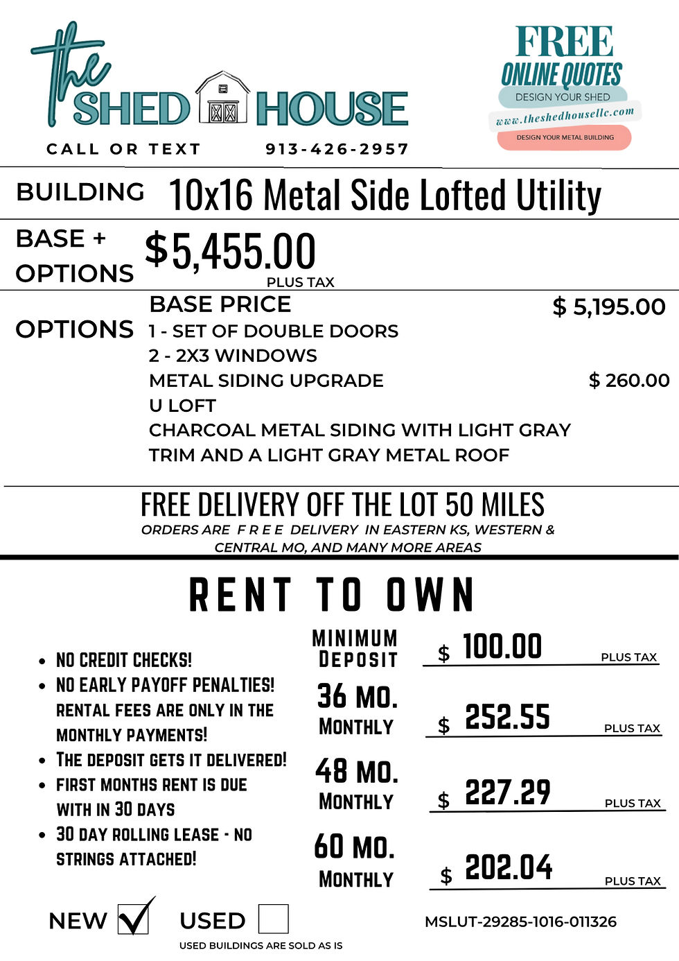 Thumbnail: Cheap and affordable rent to own options for a 10x16 Metal side lofted utility available in Leavenworth Kansas.