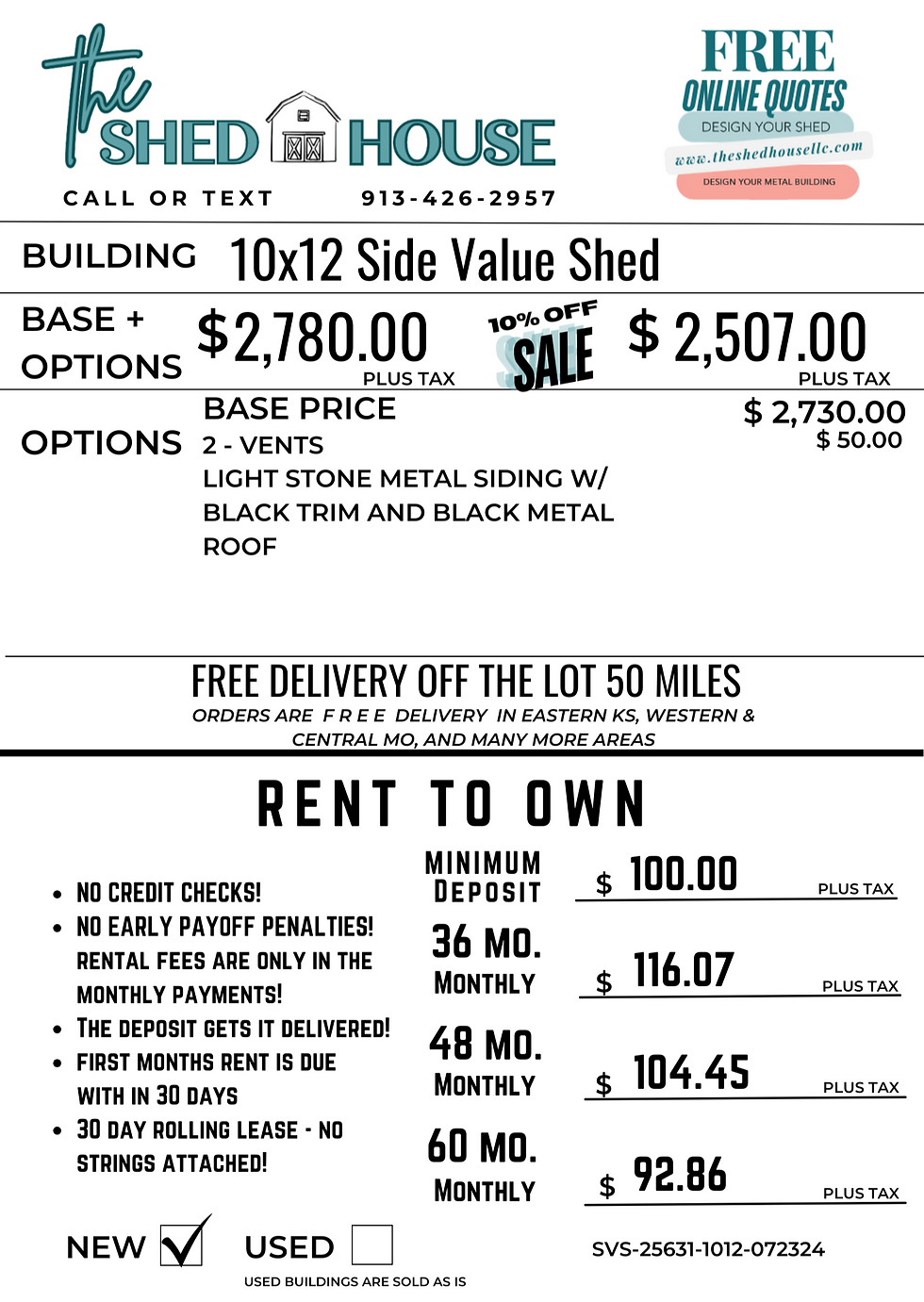 Thumbnail: Affordable rent to own options for a 10x12 side value shed.