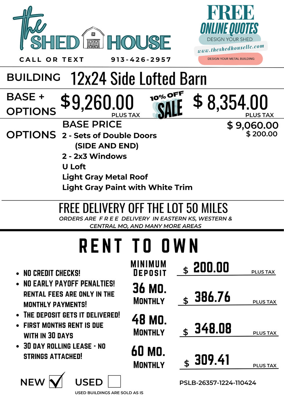 Thumbnail: Affordable and cheap rent to own options for a 12x24 side lofted barn.