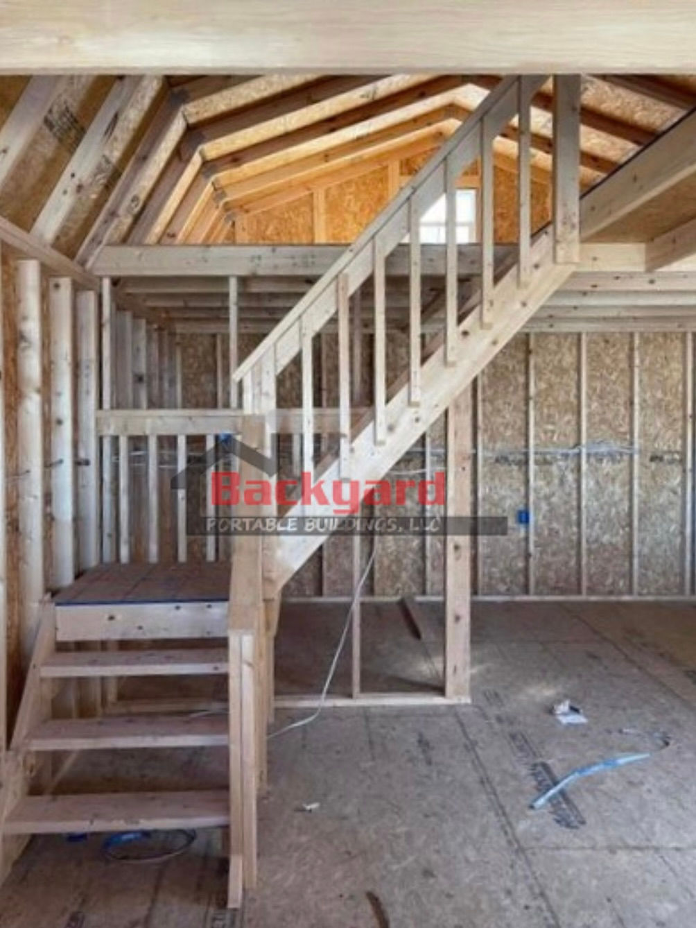 Stairs, Workbenches, Peg Board and Shelves