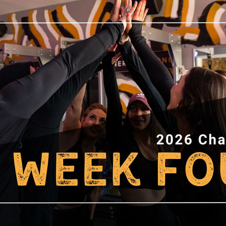 A group of people high-five in a gym with colorful abstract walls. Text reads "2026 Challenge: WEEK FOUR" in bold yellow letters.
