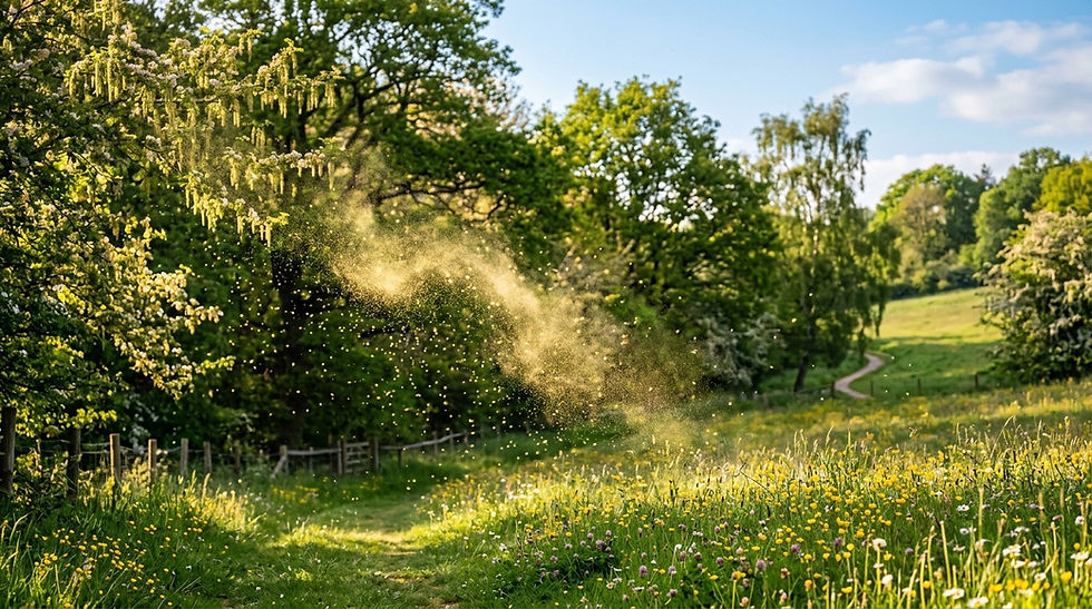 Pollen blowing through the air on a spring day