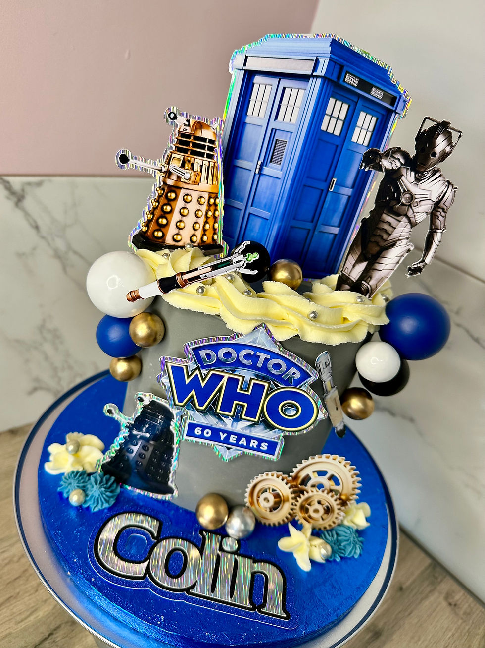dr who cake with darlics phone box and logo personalised