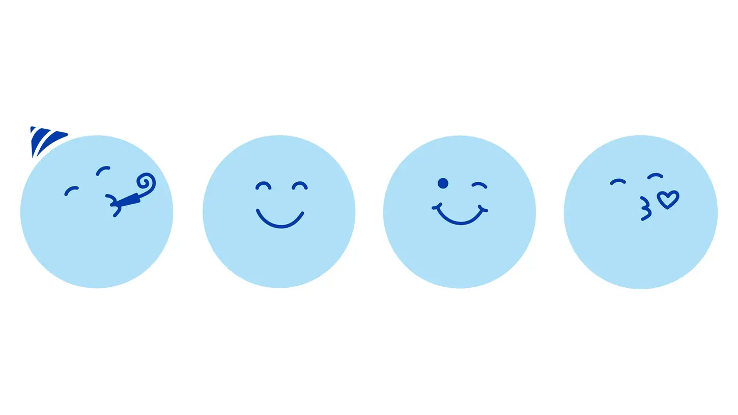 Fyra blå smileys med olika ansiktsuttryck, från leende till blinkande och pussande, samt en med partyhatt och tutor.