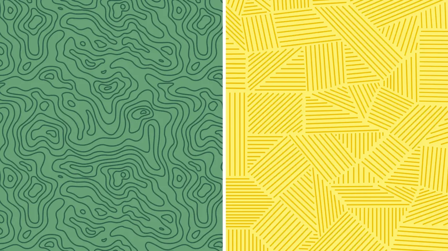 Ett grönt topografiskt mönster till vänster och ett gult geometriskt mönster till höger.