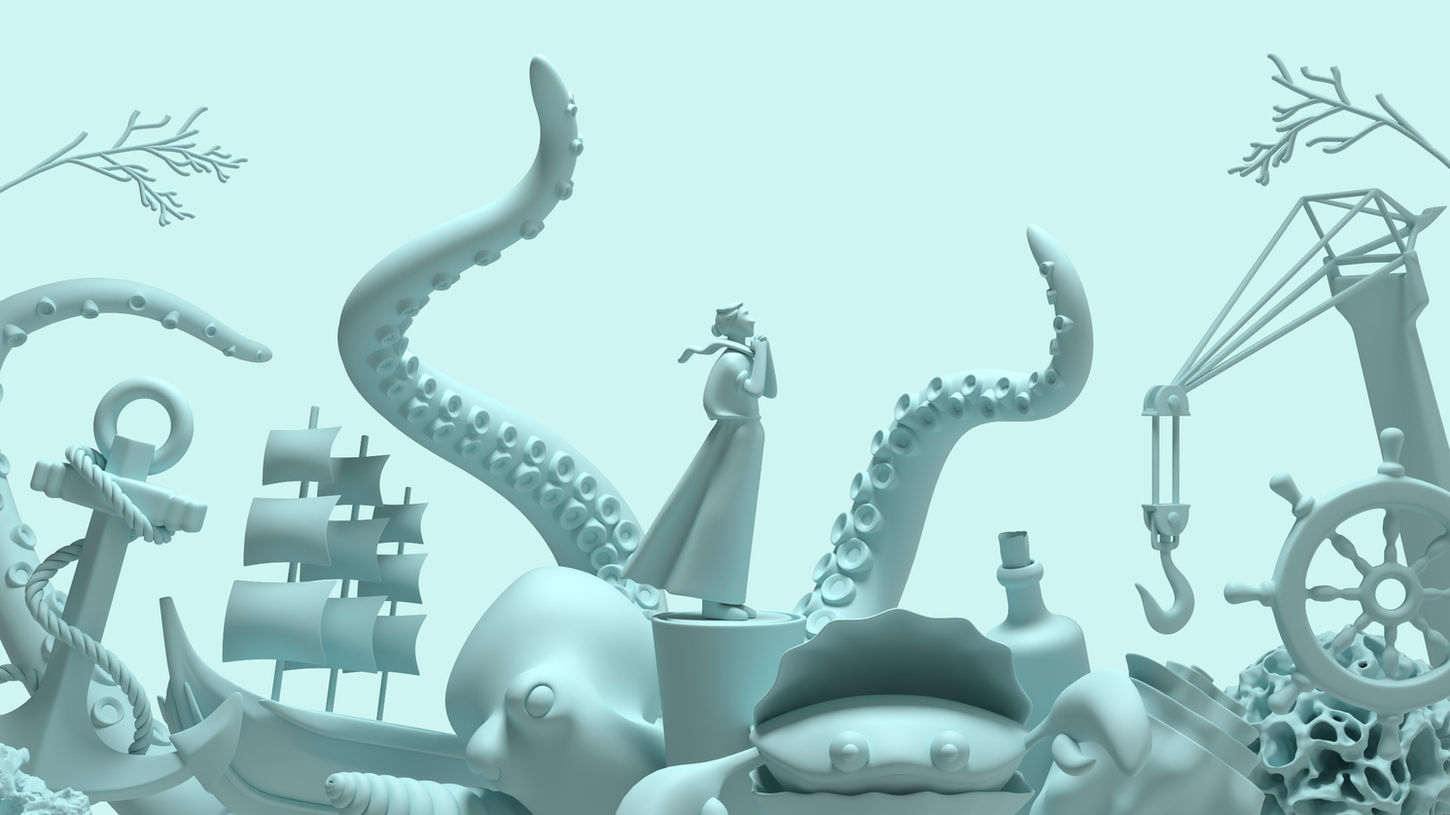 Stiliserad illustration i ljusblå nyanser som visar havsinspirerade föremål som ett skepp, en bläckfiskarm, en krabba och en flaskpost, centralt i kampanjens design för Sjöfartsmuseet Akvariet.