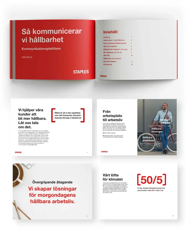 Ett uppslag från Staples kommunikationsplattform för hållbarhet, med titeln "Så kommunicerar vi hållbarhet." På vänstra sidan visas titeln i vit text på röd bakgrund, medan den högra sidan visar en innehållsförteckning. Ytterligare sidor innehåller budskap om Staples engagemang för hållbara lösningar, inklusive målet att minska klimatpåverkan med 50% inom 5 år, tillsammans med bilder på produkter och hållbarhetsfokuserade uttalanden.