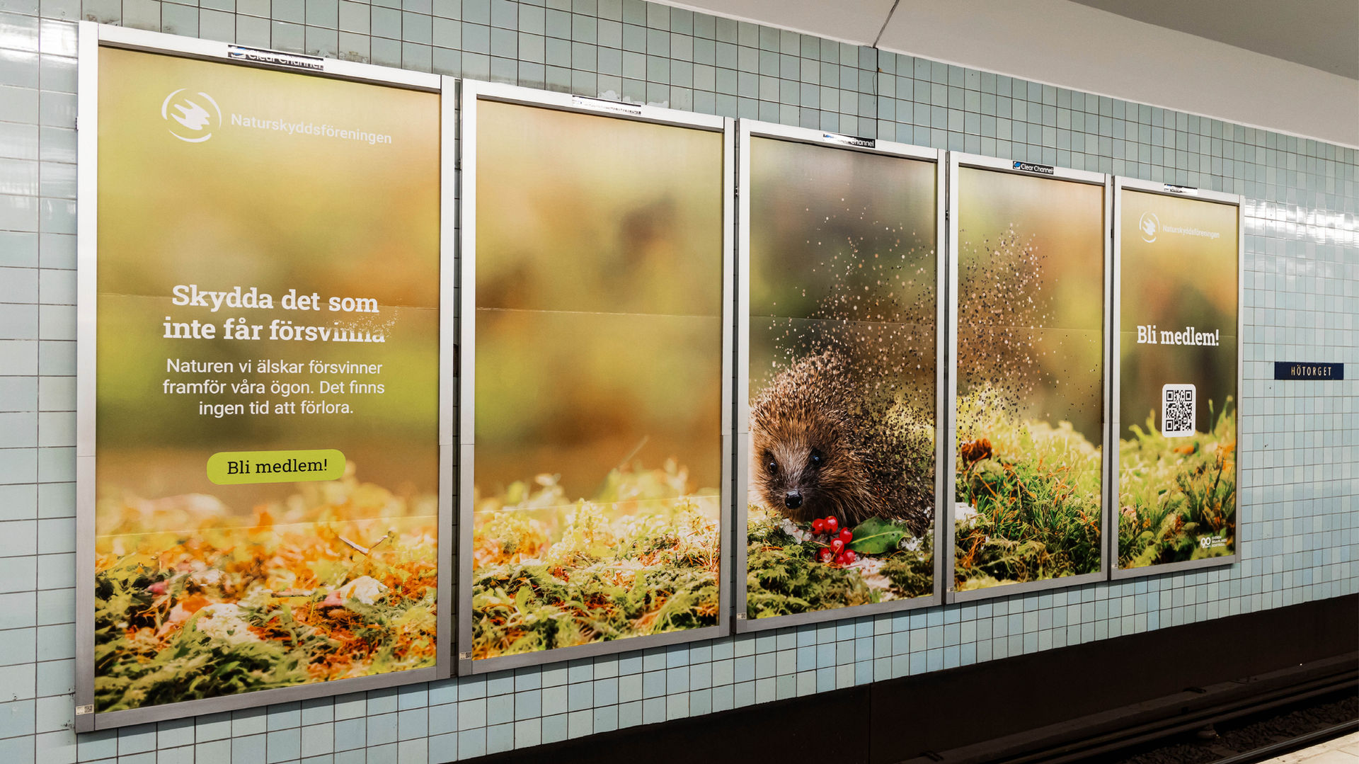 En bild från Stockholms tunnelbana med utomhusreklam från Naturskyddsföreningen som visar en igelkott, vars kropp delvis upplöses i partiklar. Budskapet "Skydda det som inte får försvinna" syns tillsammans med en uppmaning att bli medlem och en QR-kod.
