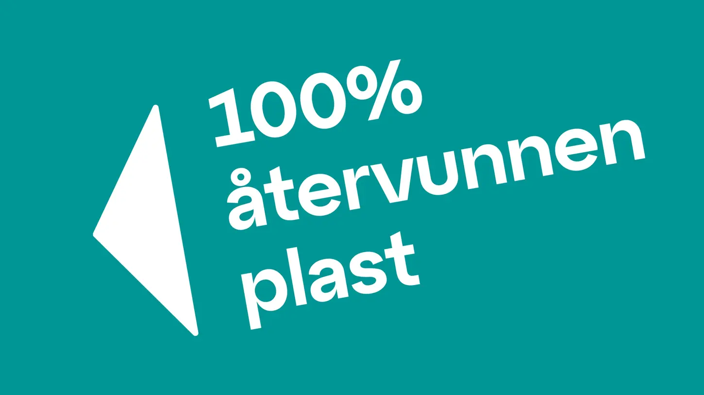 En illustration med texten "100% återvunnen plast" i vita bokstäver på en turkos bakgrund, tillsammans med en vit pil som pekar åt vänster.