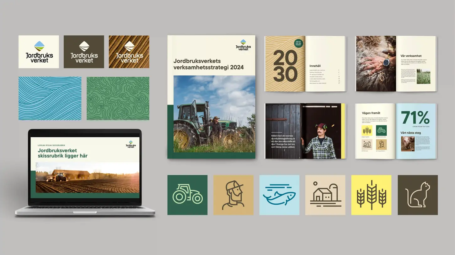 En visuell översikt av Jordbruksverkets logotyper, mönster, tryckt material och ikoner. En dator med en bild av jordbrukslandskapet visas längst ner.