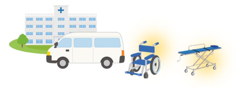 病院の前に停車する福祉タクシー 車椅子とストレッチャーのイラスト