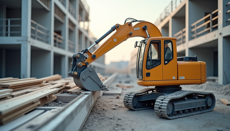 Eye-level view of a construction site with AI-powered robotic machinery installing building materials