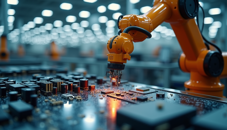 Close-up view of a robotic arm assembling electronic components