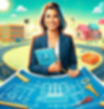 A female holding a book titled ADDIE with a background of a construction site and in-front of her a layout of a plan.