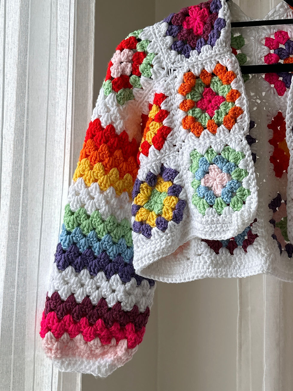Online crochet course participants proudly holding up their finished Hexi cardigans on a Zoom call."