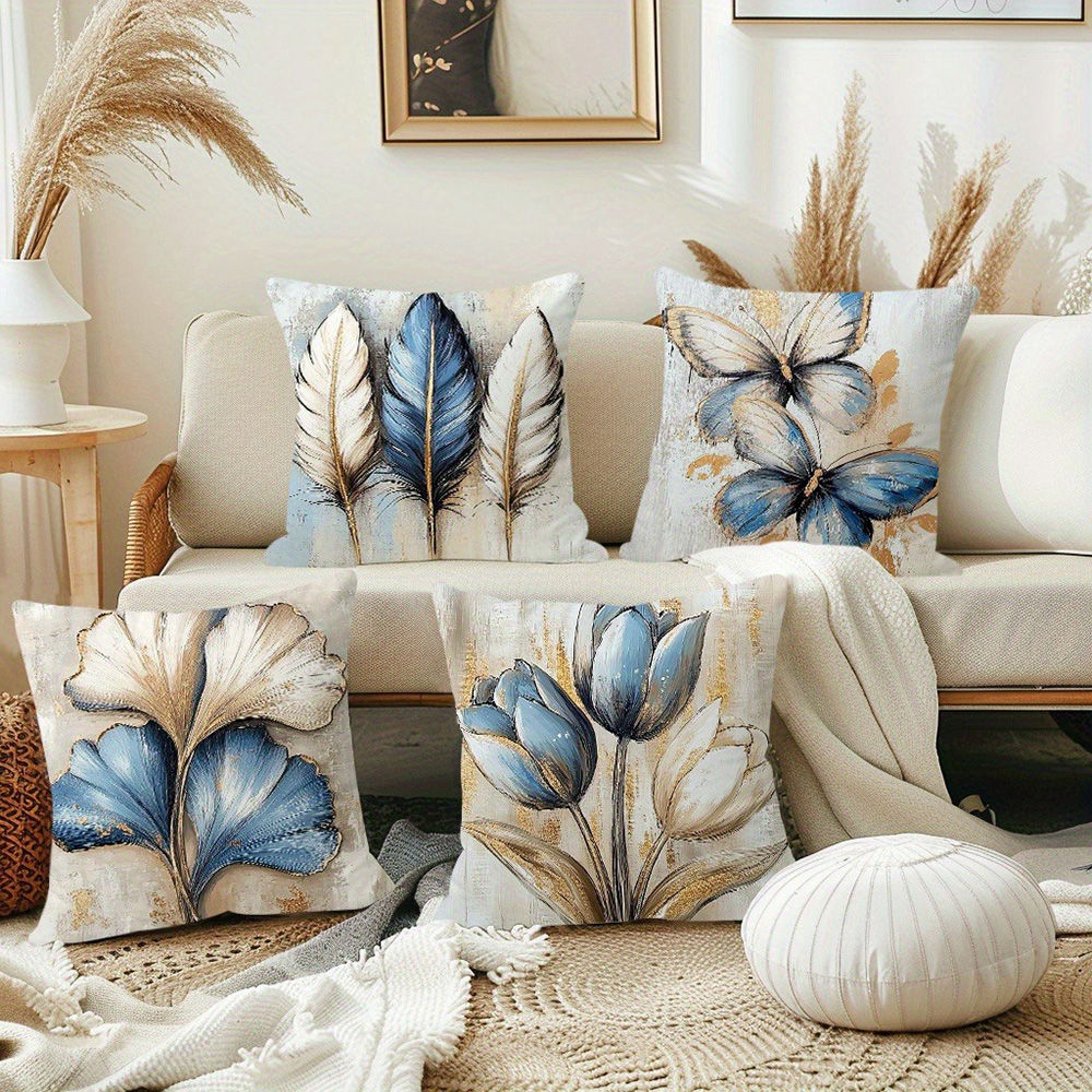 4Pcs Blue Gold Feather & Floral Print Pillow Covers, Polyester Cushion Cases for
