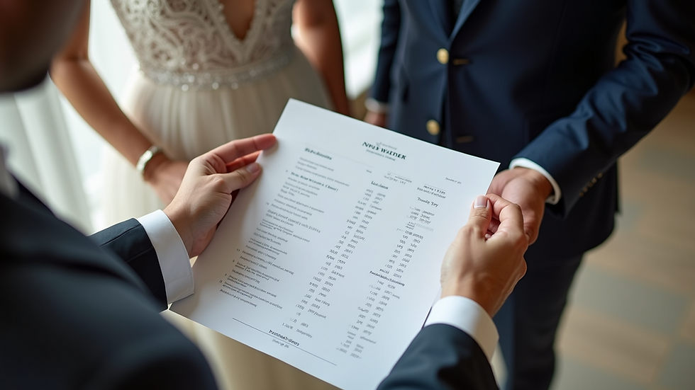 High angle view of a wedding planner showing a pricing sheet to a couple