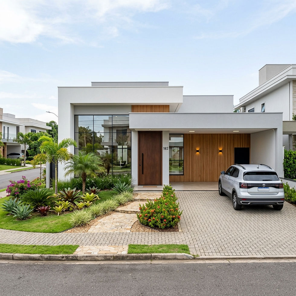 Casa moderna iluminada ao entardecer, com jardim tropical, escadas de pedra, varanda envidraçada e interior acolhedor.