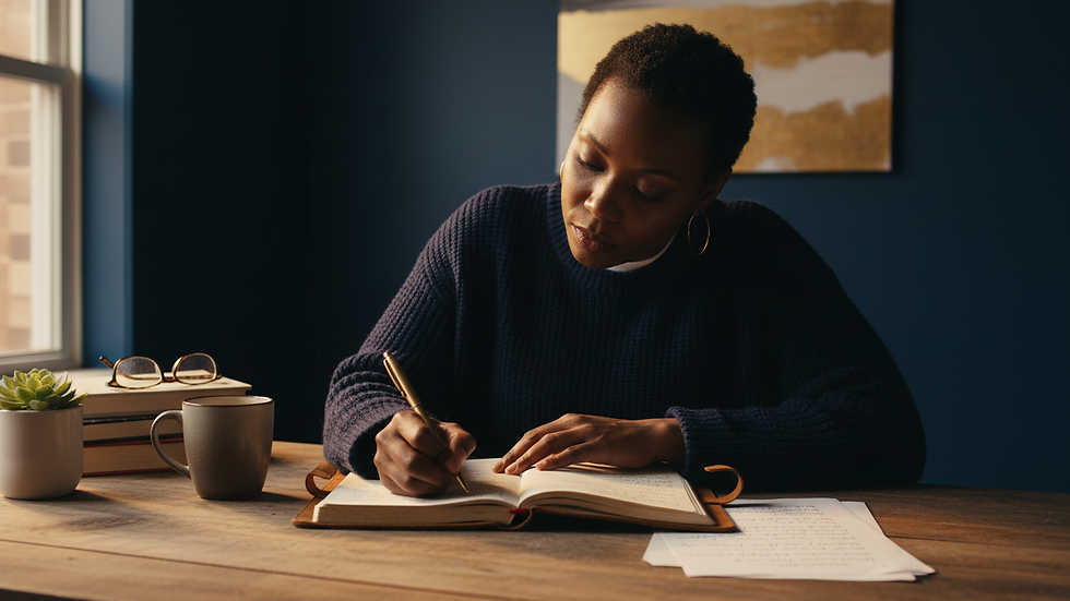 High angle view of a person writing in a journal with a focused mindset
