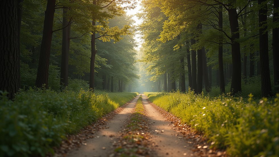Eye-level view of a serene nature path surrounded by trees