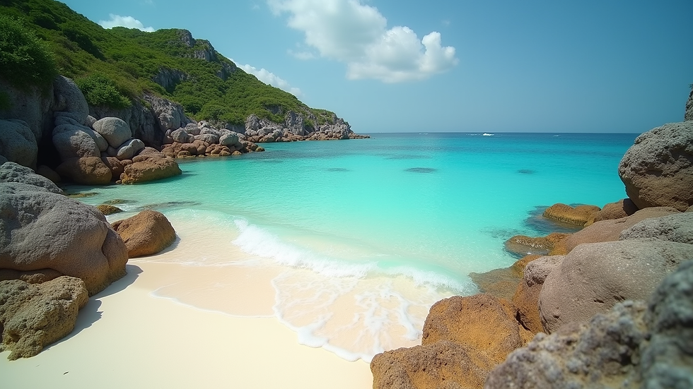 Eye-level view of a serene hidden beach with turquoise waters