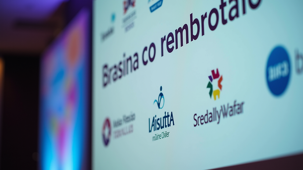 Close-up view of a Brazilian business conference banner with logos and event details
