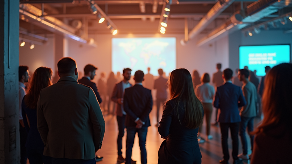 Eye-level view of a vibrant networking event with Brazilian professionals exchanging ideas