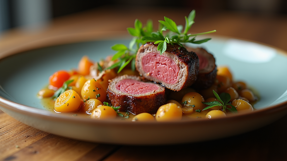 Eye-level view of a gourmet dish featuring venison and vegetables