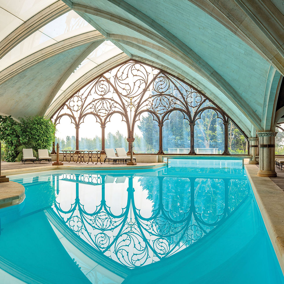 A swimming pool covered by a neo-Gothic vault at the Hotel Landa in Burgos, Spain, in June 2026. In August, a celestial spectacle will draw millions to a sparsely populated swath of Spain. (Emilio Parra Doiztua/The New York Times)
