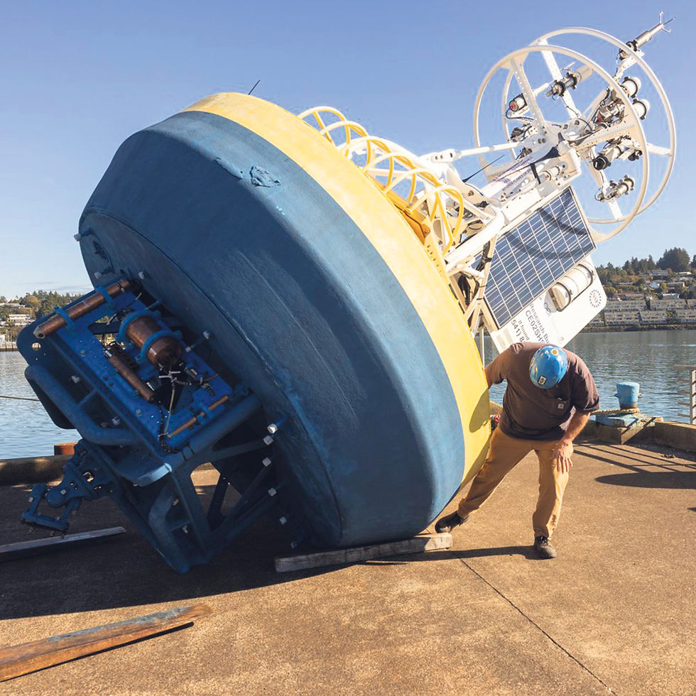 A crew member works to load a buoy containing monitoring equipment onto the oceanographic research vessel Sally Ride in Yaquina Bay in Newport, Ore., on Friday, Oct. 2, 2026. Under pressure from Congress, a network of ocean monitors that provides vital data to meteorologists, climate scientists, oceanographers, and the fishing industry is being restored. (Kristina Barker/The New York Times)