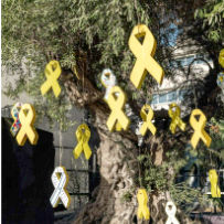 Yellow symbols representing hostages hang from a tree in Hostages Square, Tel Aviv, Israel, Oct. 9, 2025. (Ofir Berman/The New York Times)