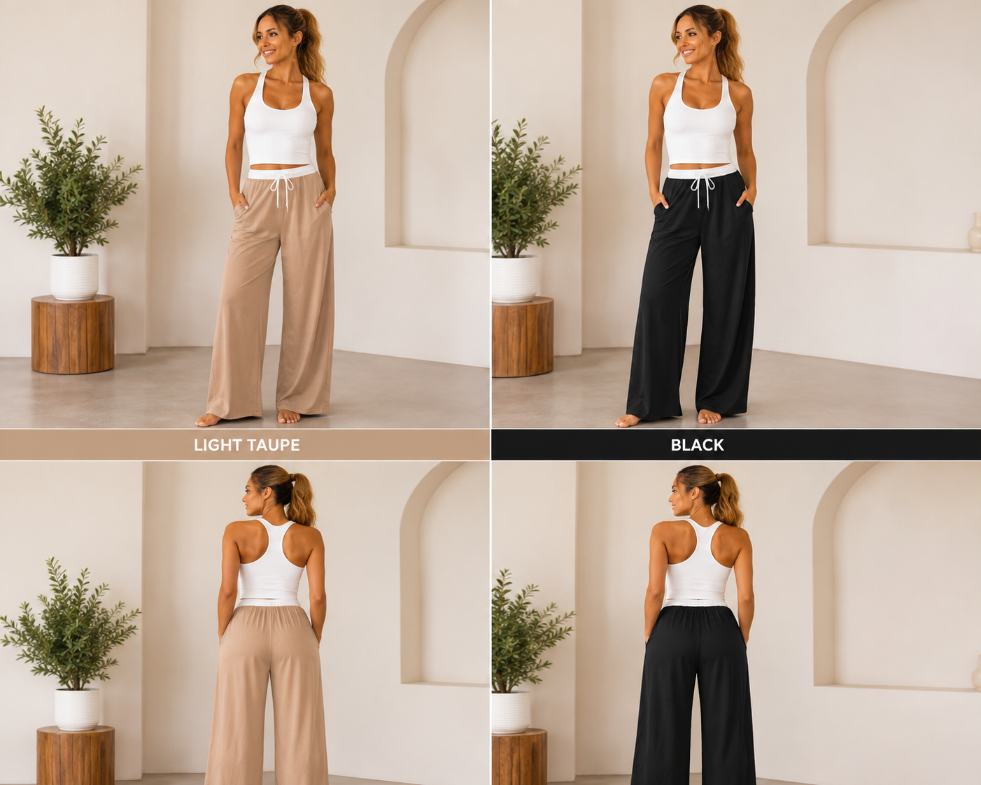 Women's Wide-Leg Contrast Waist Pants with Side Zipper