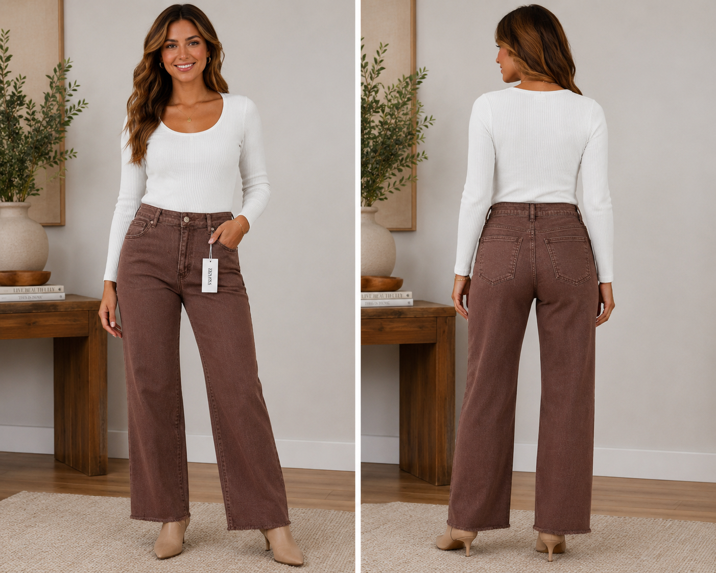 Zenana Brown Washed Wide-Leg Jeans with Raw Hem