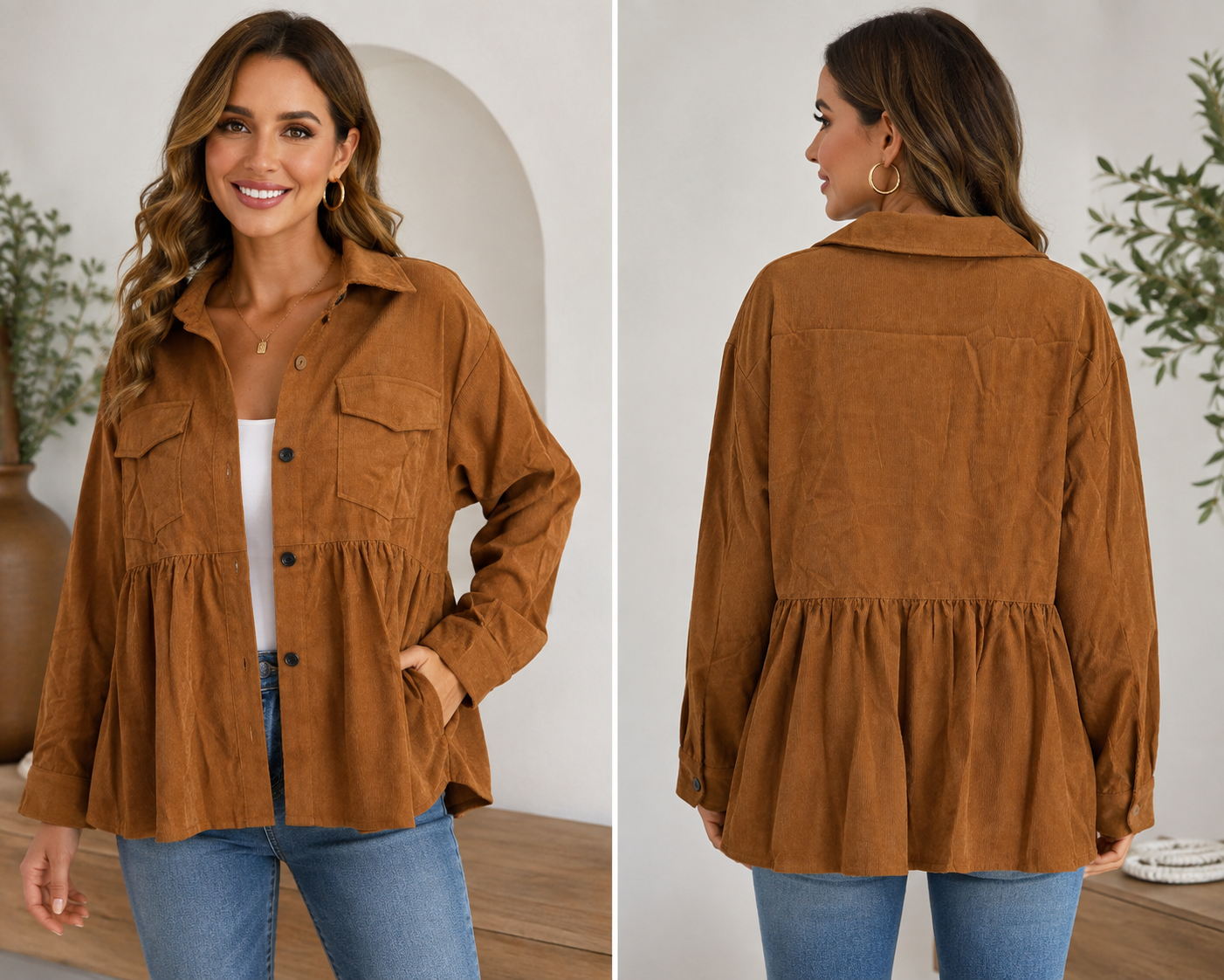 Caramel Corduroy Button-Front Peplum Jacket/Cardigan