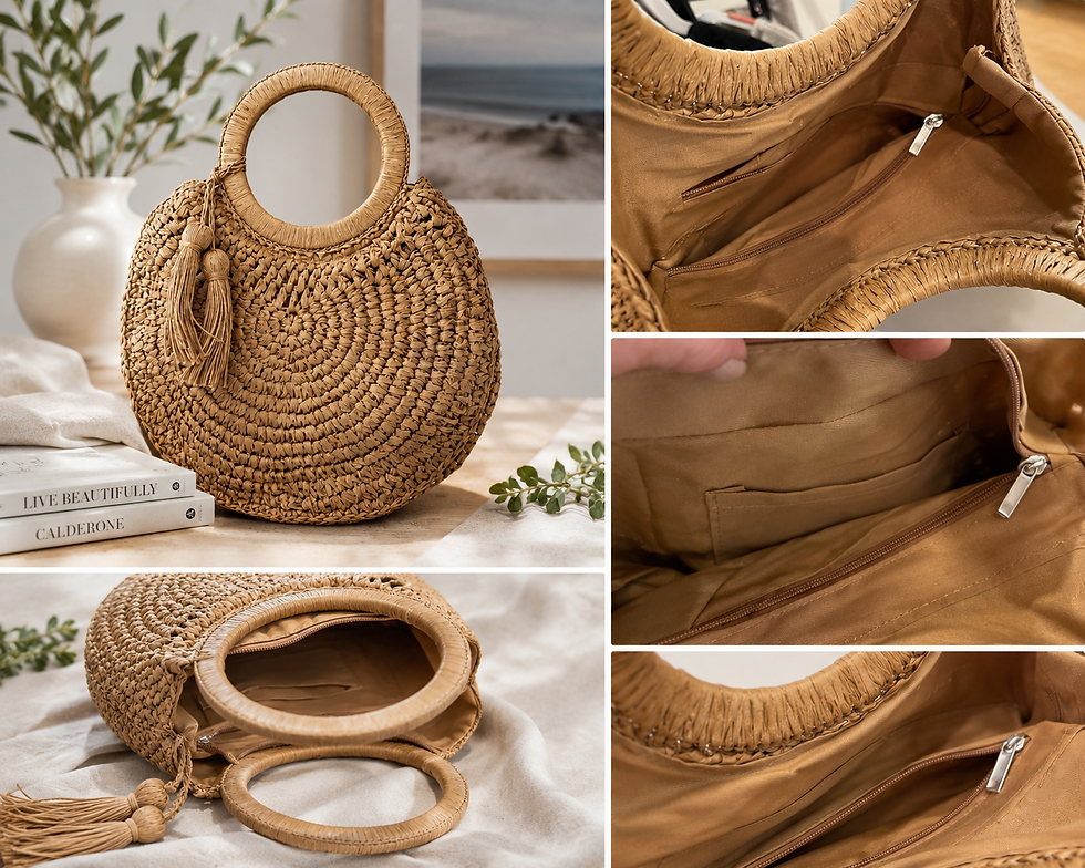 Thumbnail: Woven Round Straw Tassel O-Ring Tote Bag - Natural