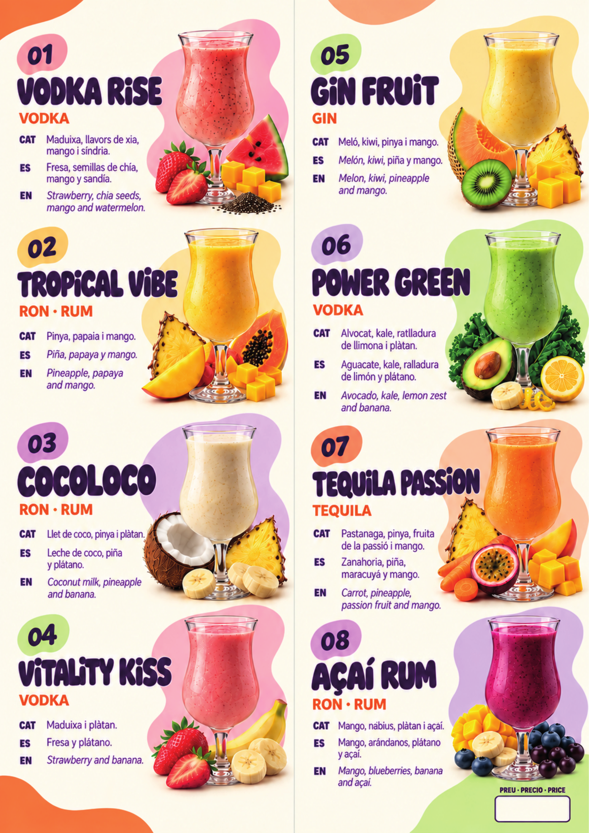 Carta Smoothie Cóctel by SÜCS 2027: combinaciones