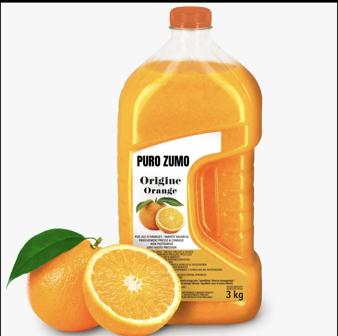 Zumo de naranja Origine exprimido y congelado, junto a naranjas enteras y cortadas